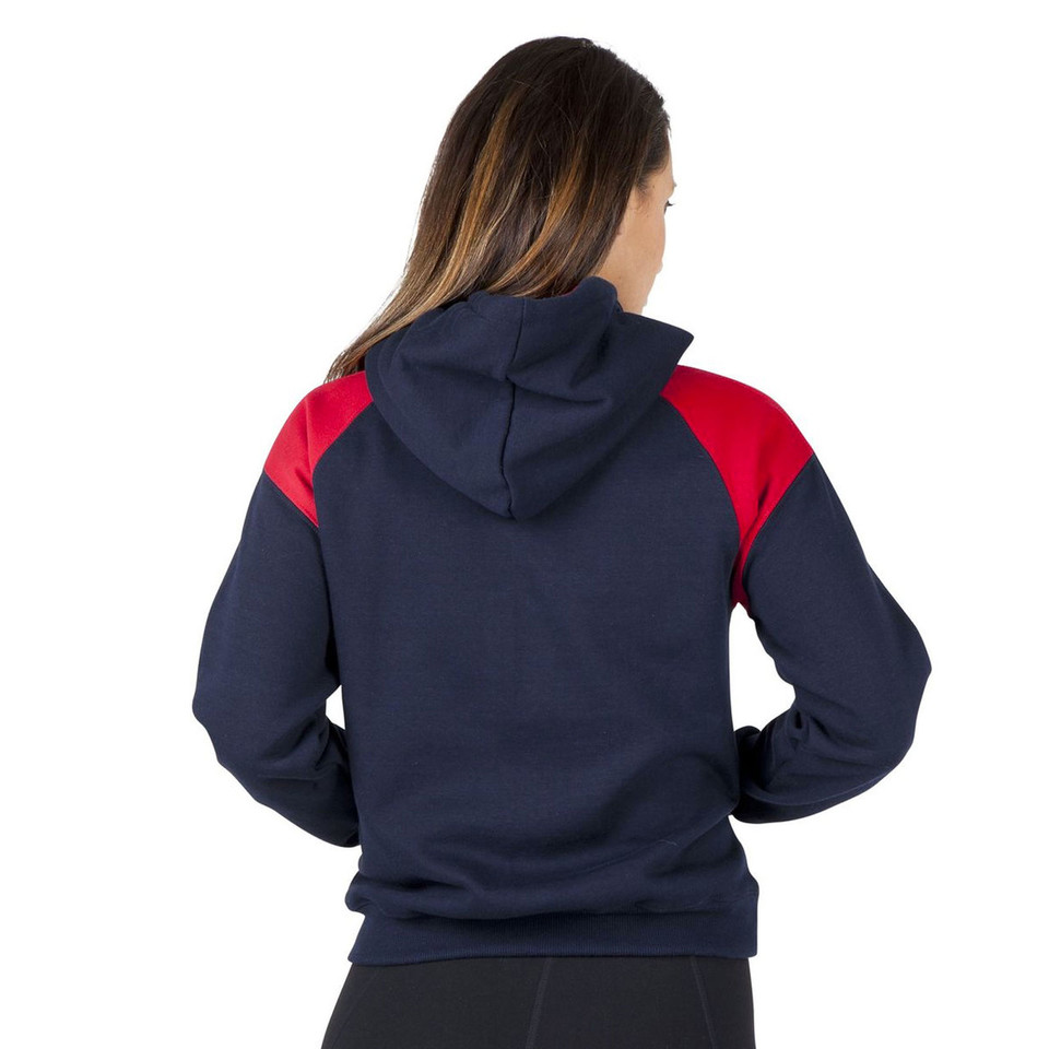 Navy hoodie with red contrast shoulder panels, rear view showing hood and relaxed fit