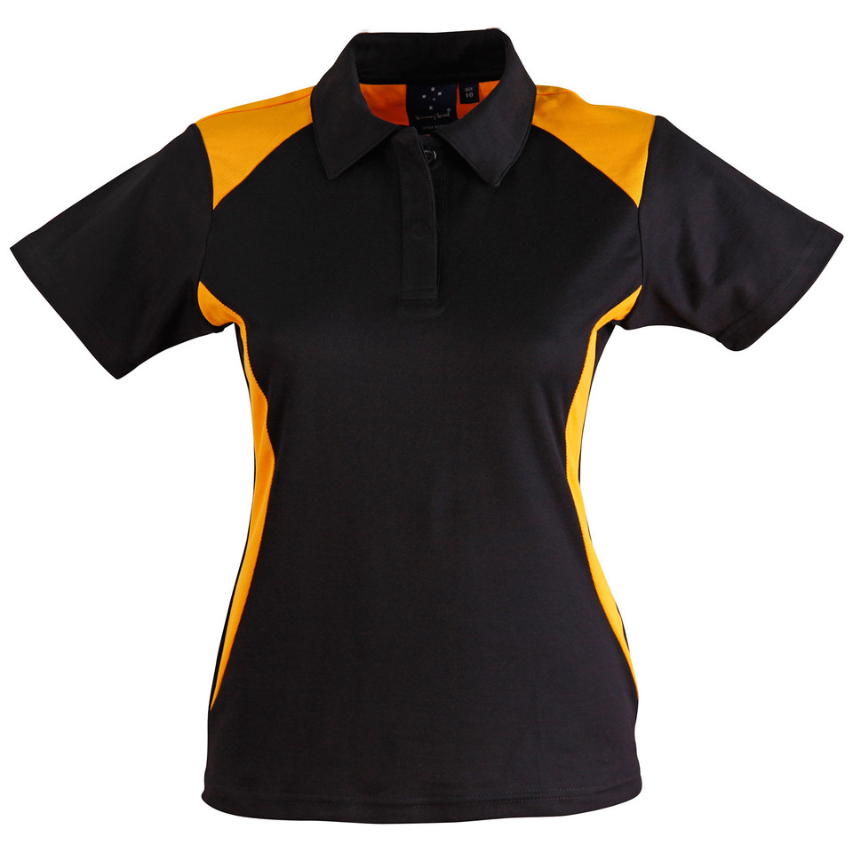Ladies black polo shirt with gold contrast panels on shoulders and sides, featuring collar and button placket