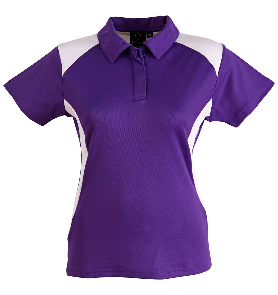 Purple ladies polo shirt with white contrast panels on shoulders and sides, short sleeves and collar