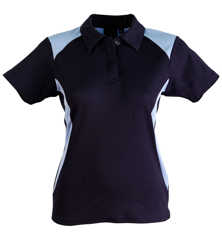 Navy polo shirt with sky blue shoulder and side panels, contrast stitching detail on sleeves
