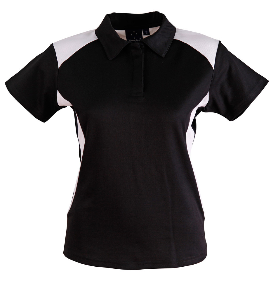 Black ladies polo shirt with white contrast panels on shoulders and side panels