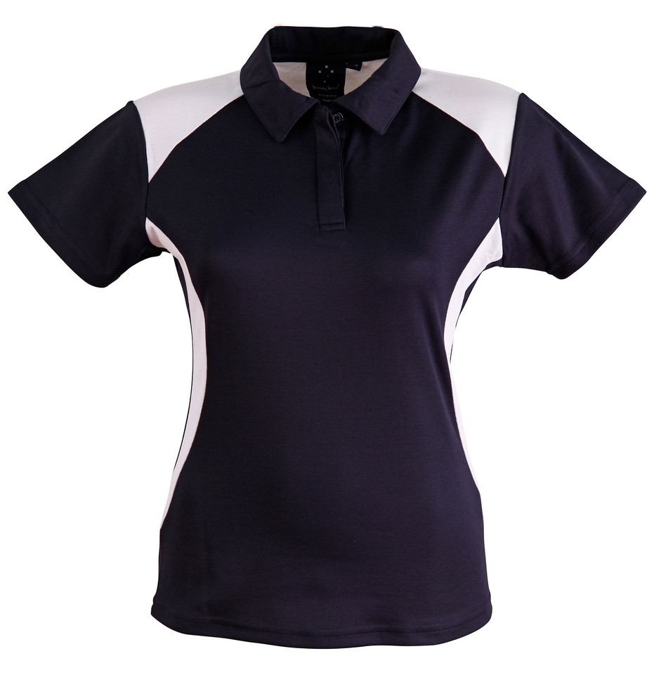 Navy ladies polo with white contrast shoulder panels and side inserts, flat knit collar
