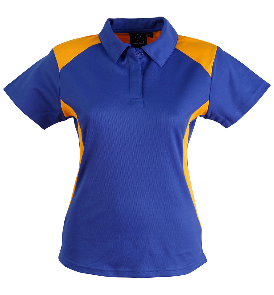 Royal blue ladies polo with gold contrast panels on shoulders and sides