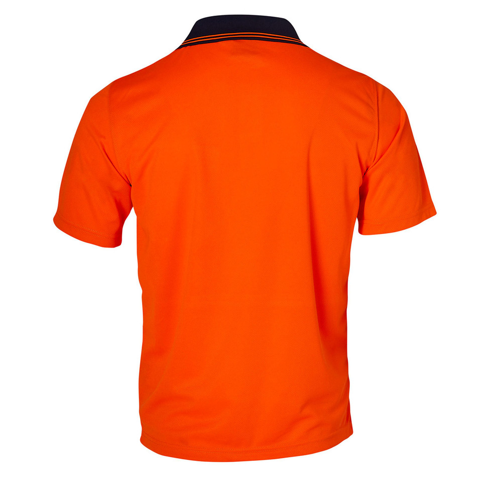 Hi-vis orange polo shirt with navy collar and contrast piping, rear view showing breathable mesh panel construction