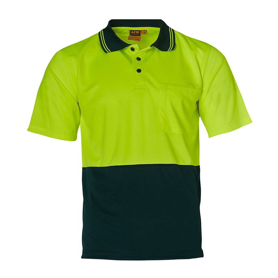 Safety yellow and navy two-tone hi-vis polo shirt with contrast collar and stripe detail