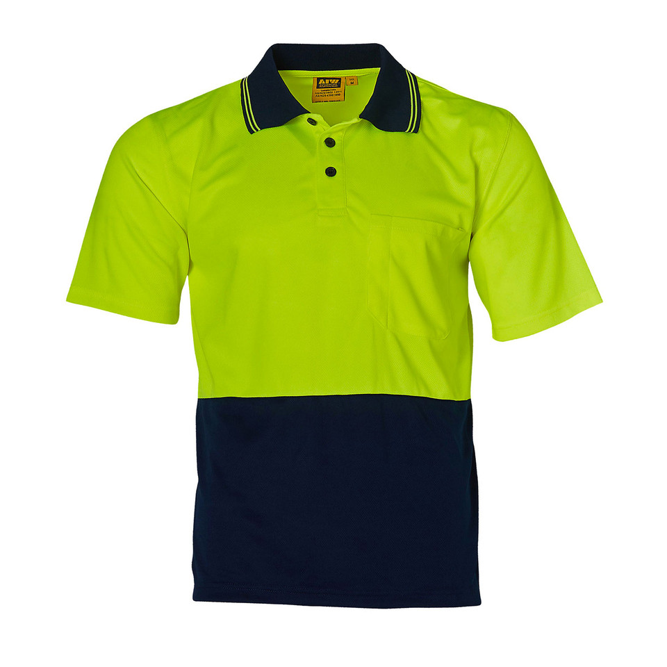 Hi-vis yellow and navy two-tone polo shirt with black collar and white contrast tipping