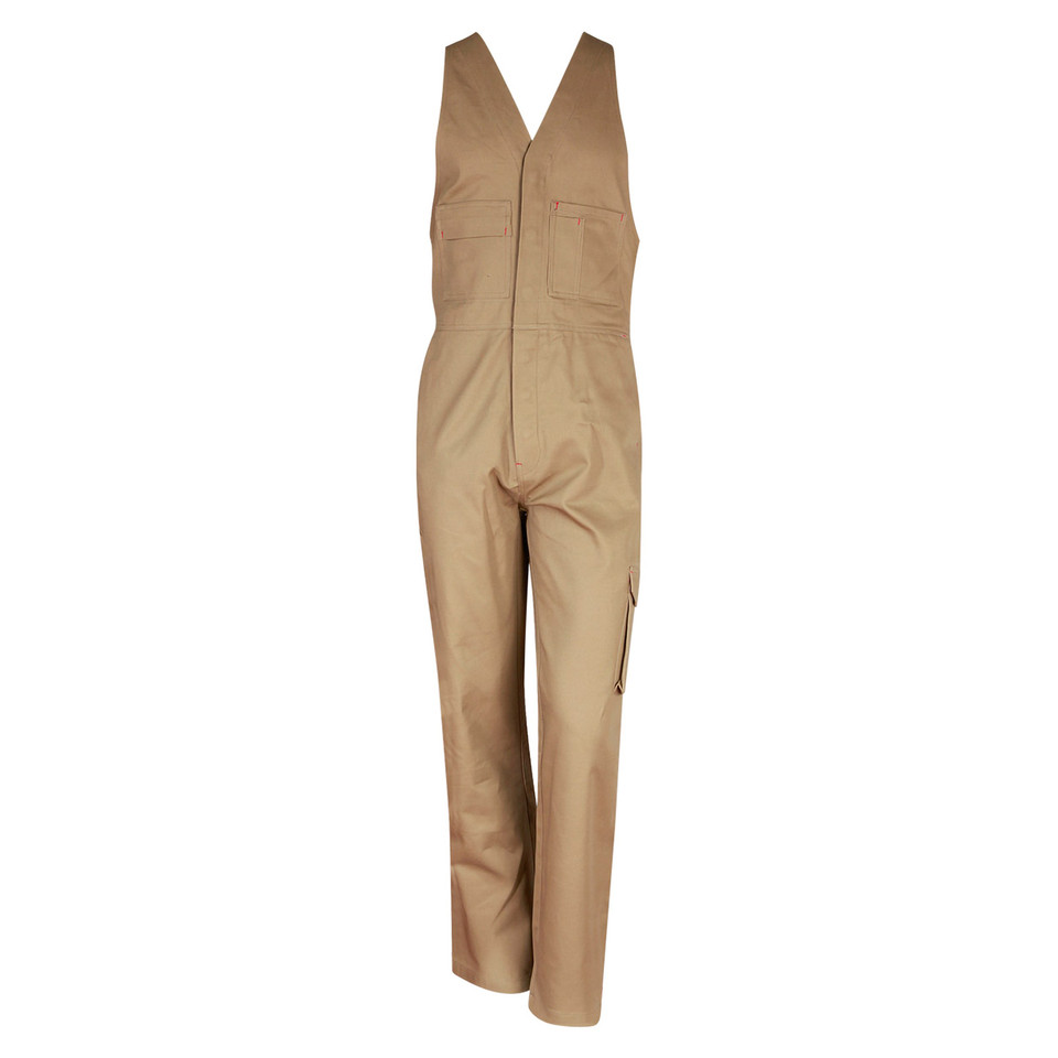 Khaki cotton drill overalls with V-neck, chest pockets, and action back design