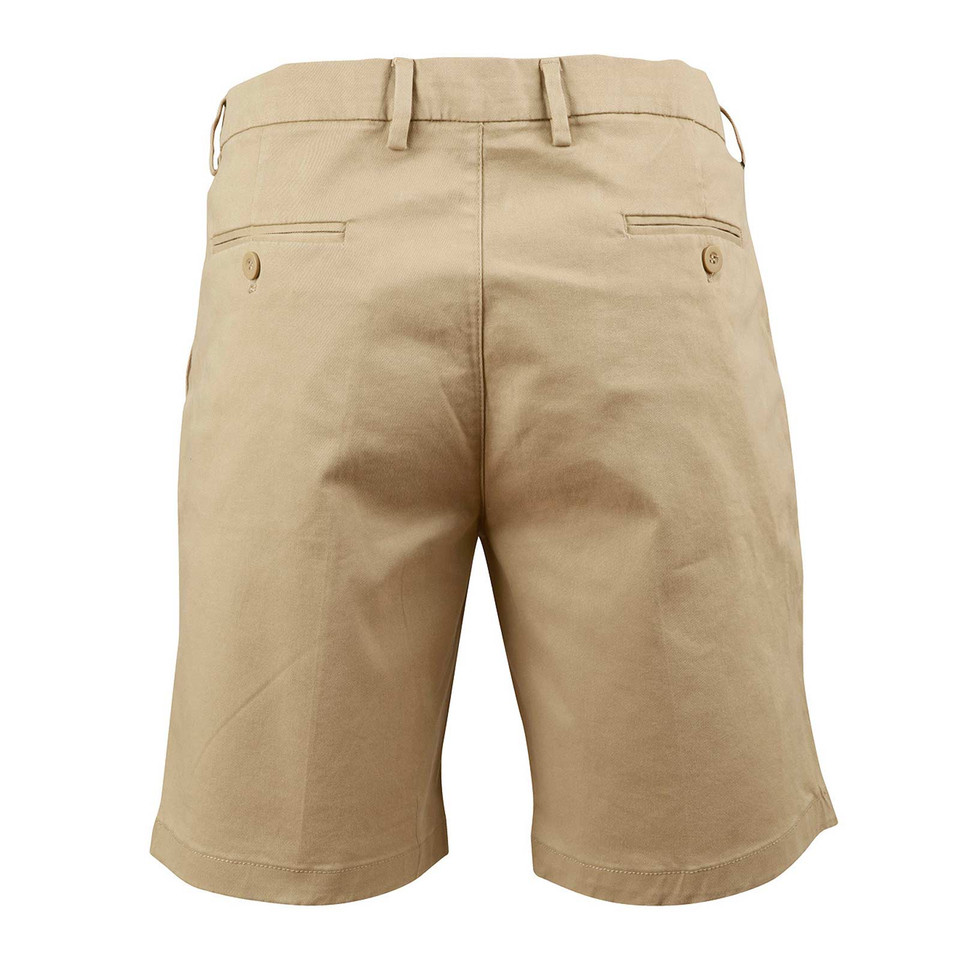 Khaki chino shorts back view showing rear pockets with button detail and belt loops