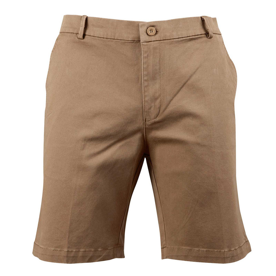 Tan chino shorts with front button closure, belt loops, and pressed front creases