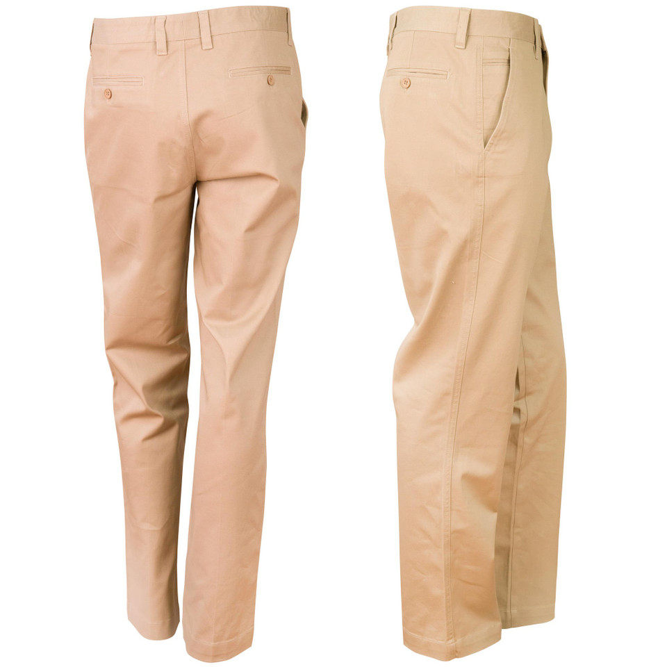 Tan chino pants shown from back and side angles with classic straight leg fit and welt back pockets