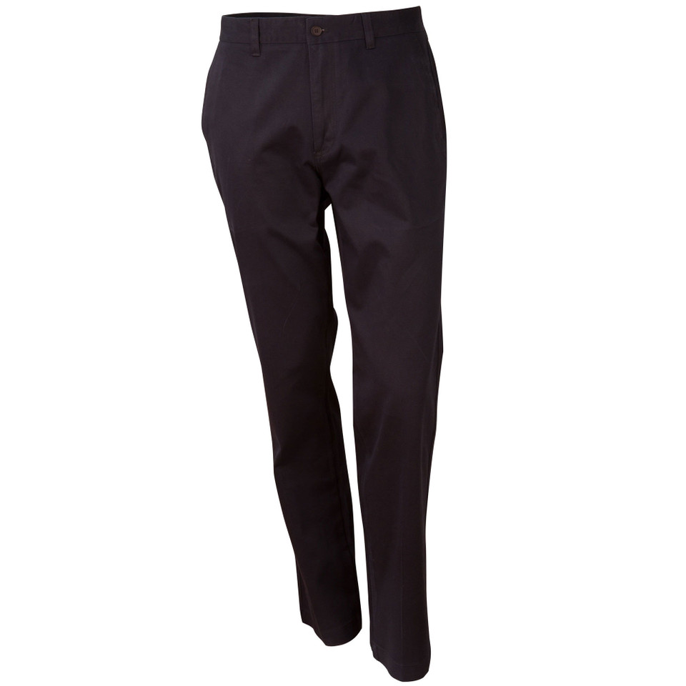 Black straight leg chino pants with classic fit and flat front panel