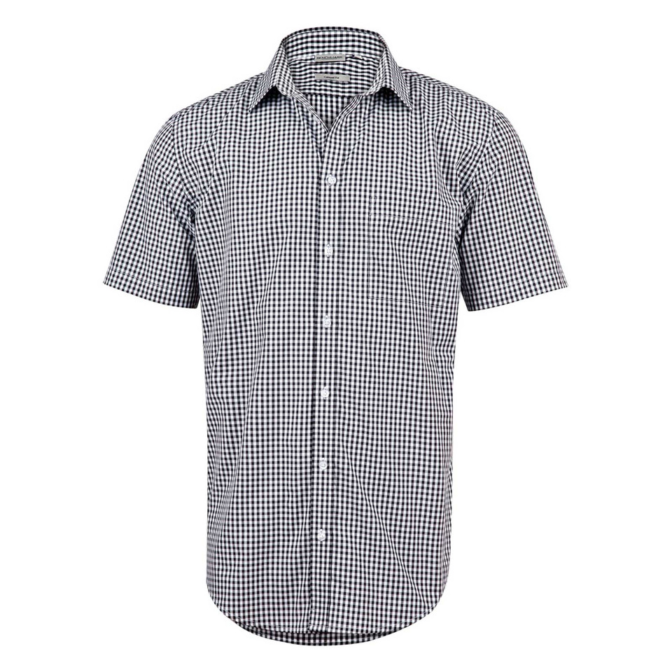 Black and white gingham checkered short sleeve shirt with collar and button-front closure