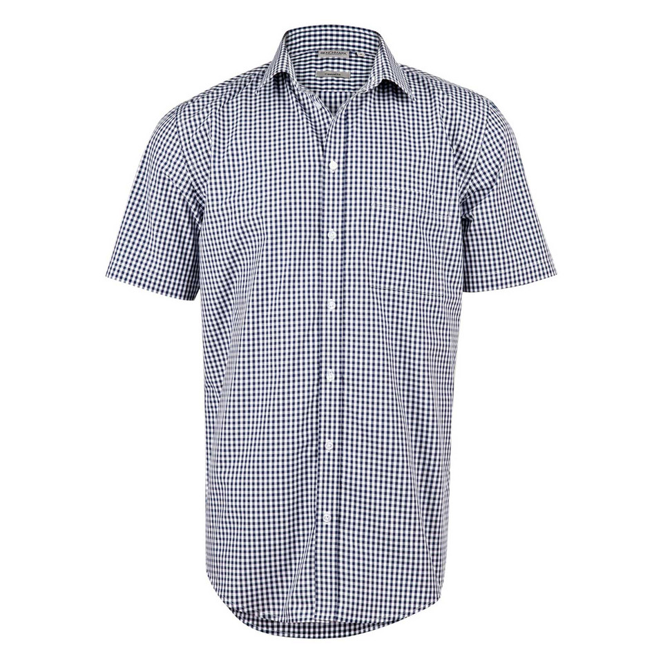Navy and white gingham checkered short sleeve shirt with button-down collar and front placket