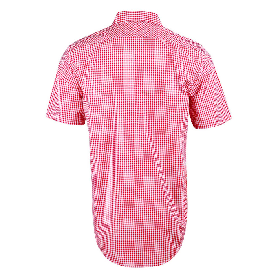 Red and white gingham check short sleeve shirt with collar and button-down back