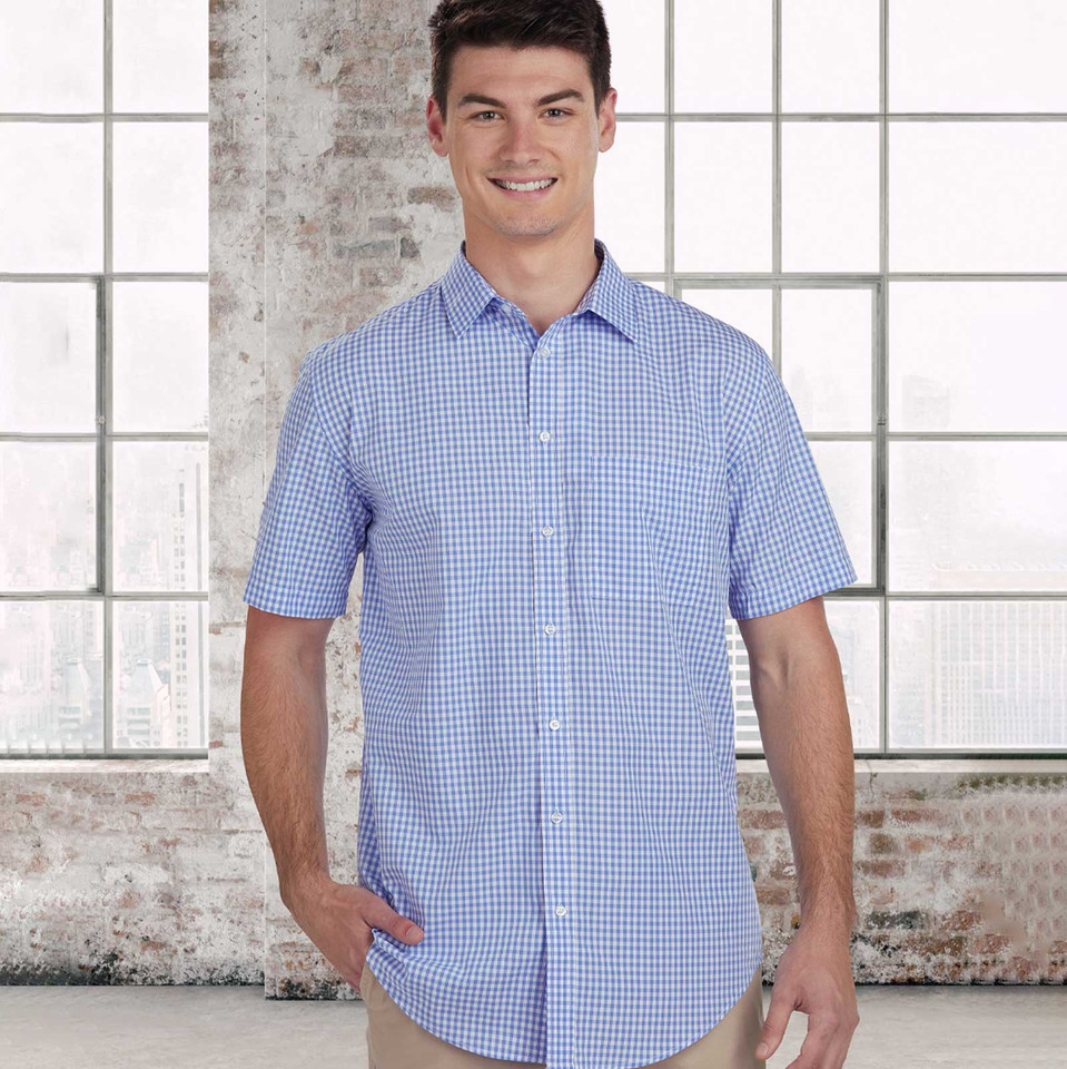 Man wearing a blue and white gingham check short sleeve button-up shirt with point collar