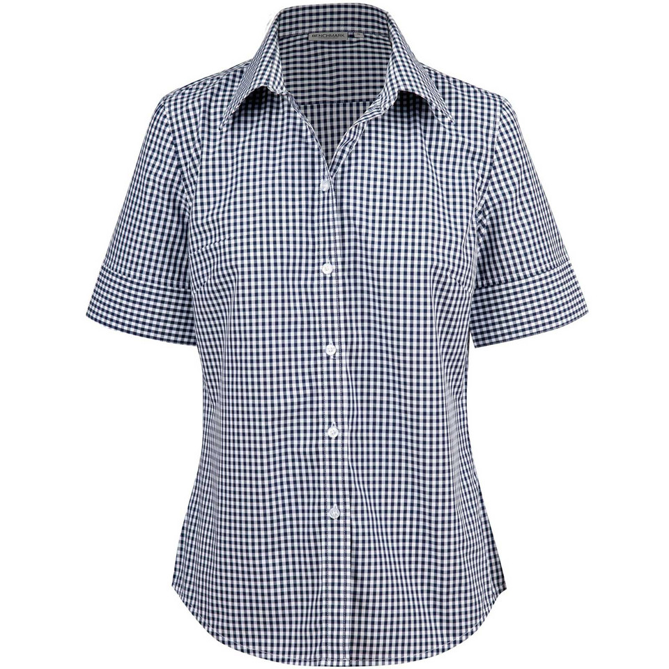 Navy+White Plain Kadina women's short sleeve business shirt in a cotton-poly gingham checkered pattern, featuring a tailored fit for corporate and hospitality uniforms.