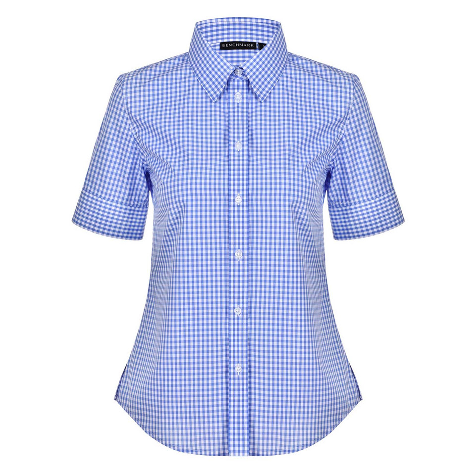 Sky Blue+White | Womens Gingham Checkered Shirt | Short Sleeve Sky Blue+White | Womens Gingham Checkered Shirt | Short Sleeve