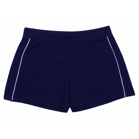 Navy blue men's stretch gym shorts with white contrast side piping and elasticated waistband, flat lay