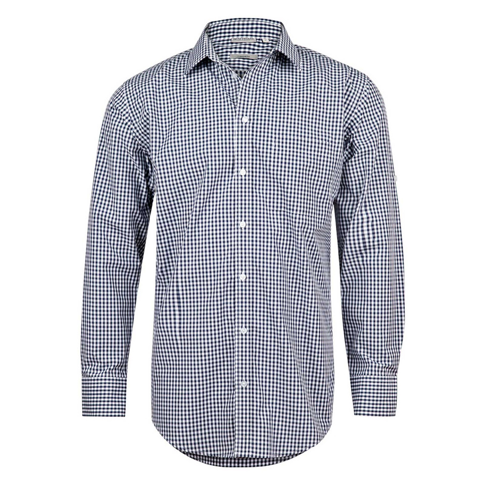 Navy and white gingham check long sleeve business shirt with button-down collar and chest pocket