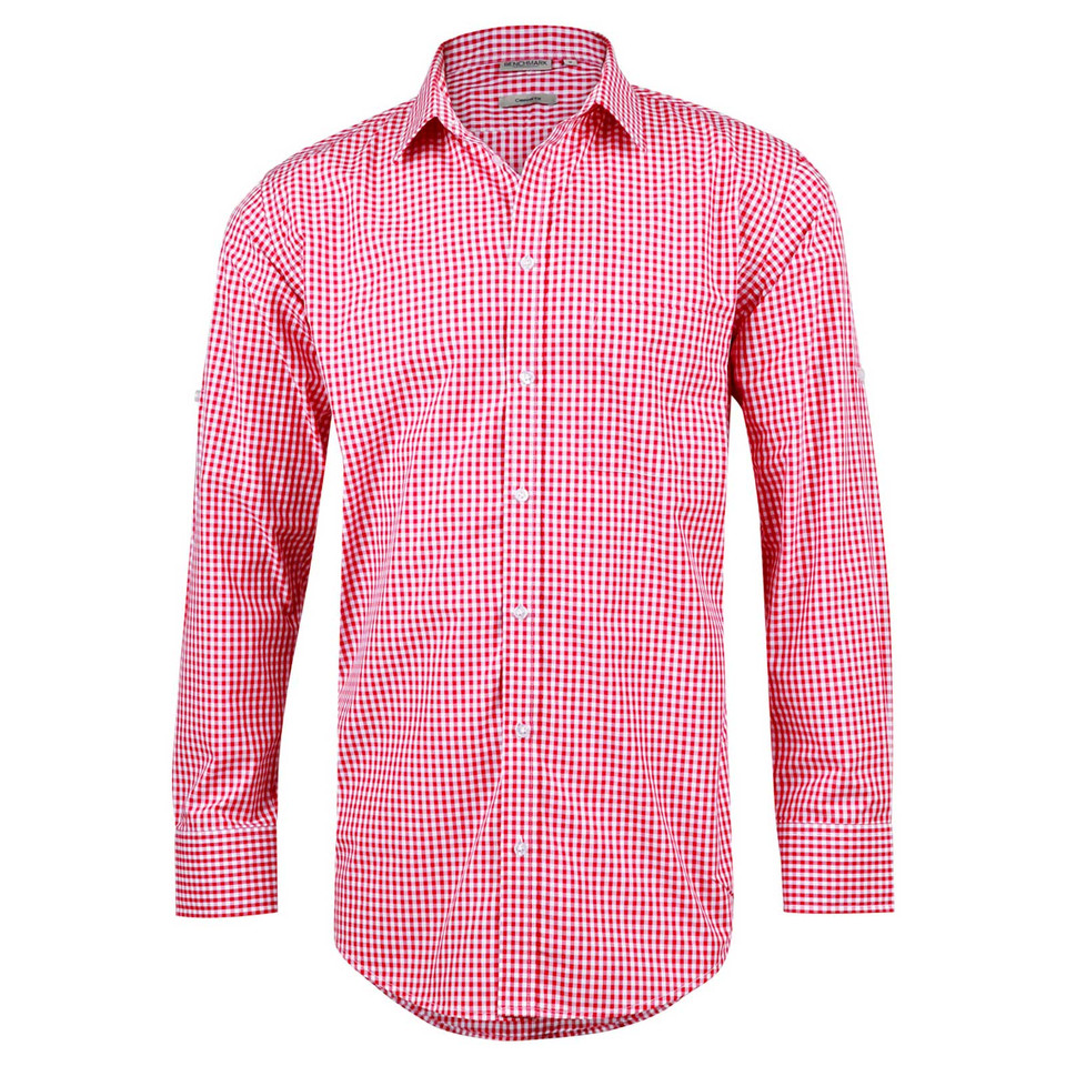 Red and white gingham checkered long sleeve business shirt with collar and button-front closure