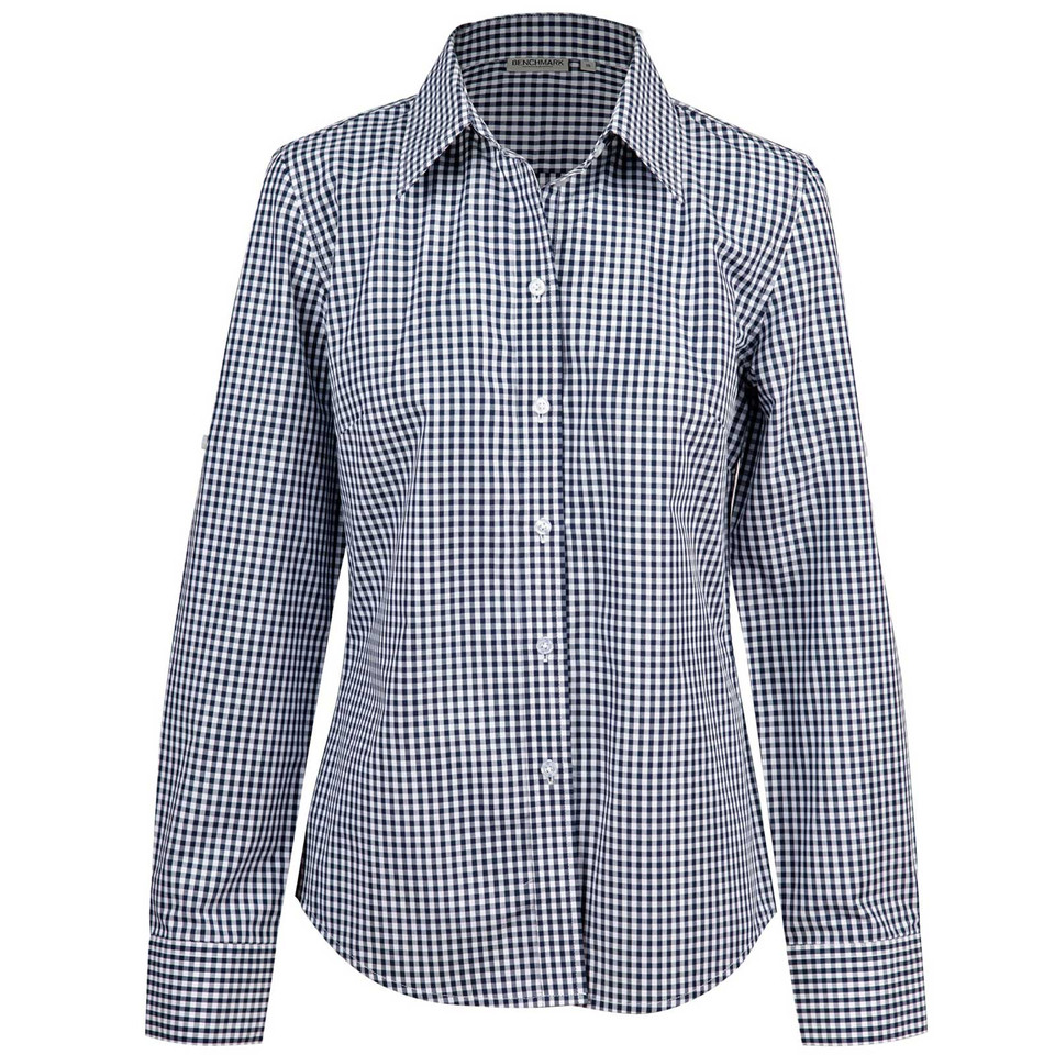 Navy and white gingham check long sleeve shirt with collar and button front placket