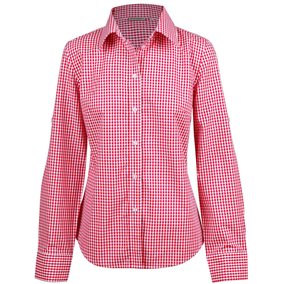 Ladies long sleeve shirt in red and white gingham check pattern with collar and button front closure