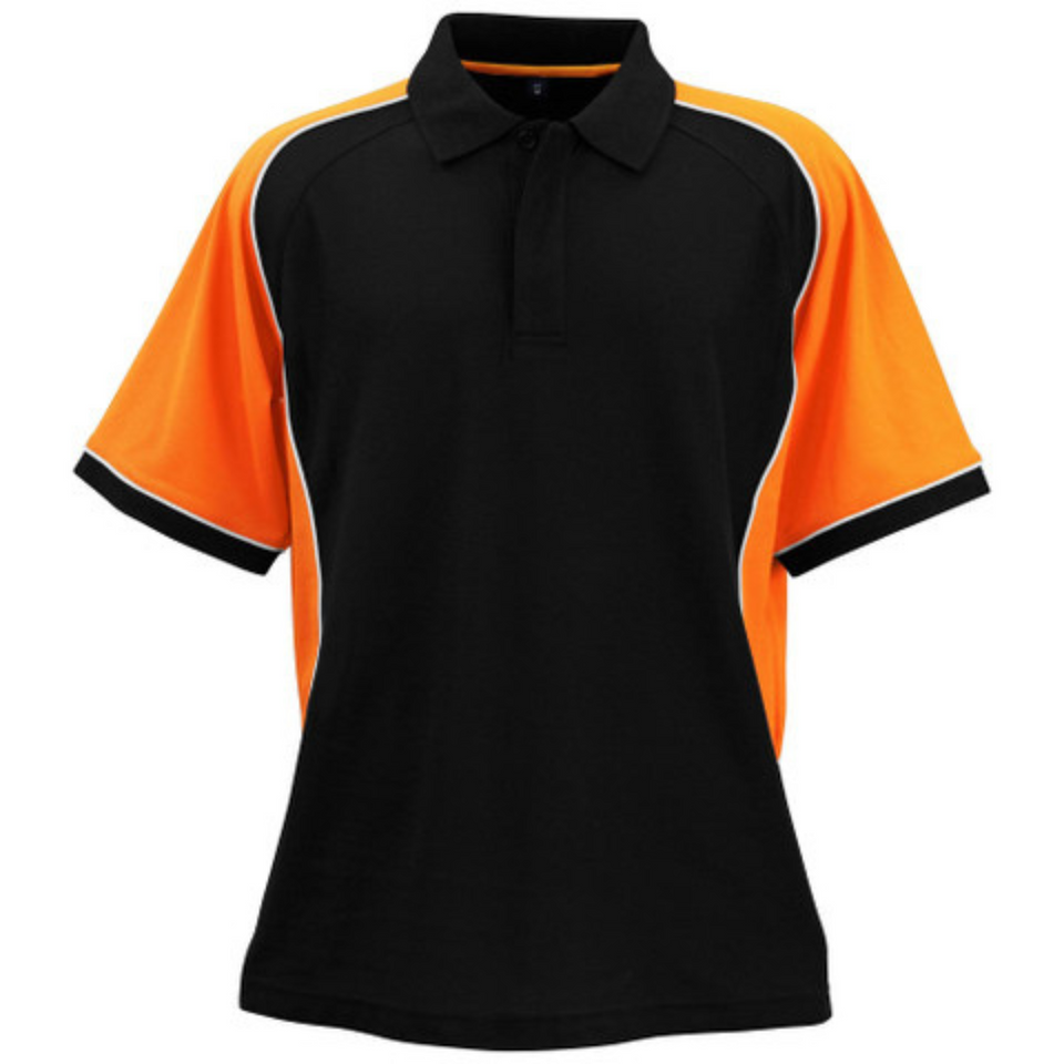 Black+White+Orange ARCADIA Men's TrueDry Tri-Colour Polo featuring moisture-wicking technology, a breathable cotton-back fabric for comfort, and a dynamic three-color contrast design for sports teams and club uniforms.