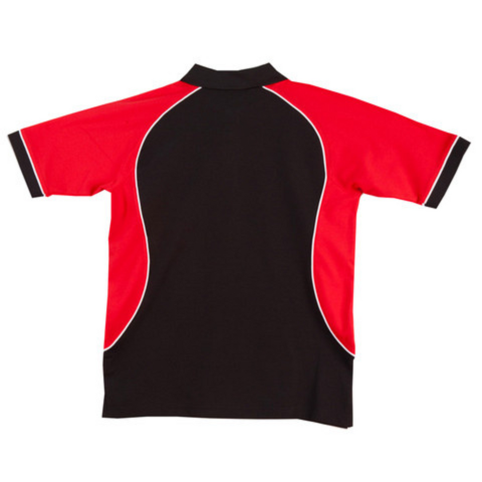 Black+White+Red ARCADIA Men's TrueDry Tri-Colour Polo featuring moisture-wicking technology, a breathable cotton-back fabric for comfort, and a dynamic three-color contrast design for sports teams and club uniforms.
