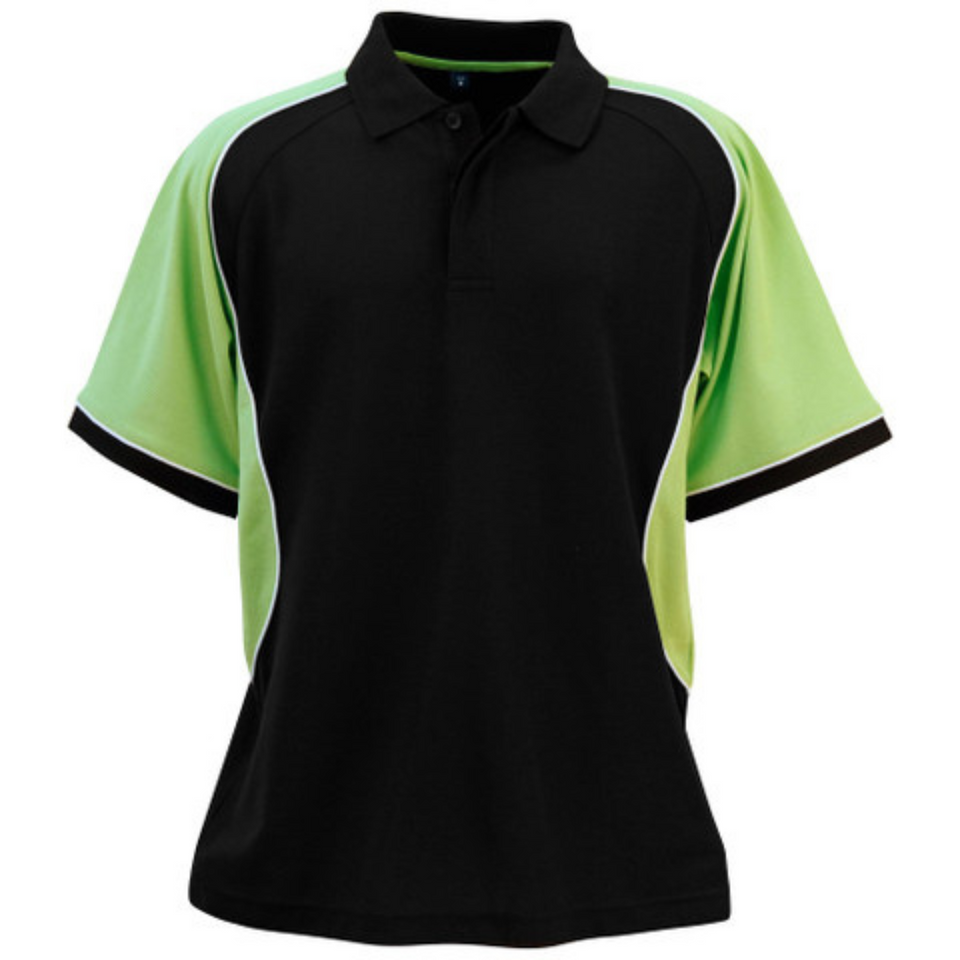 Black+White+Green ARCADIA Men's TrueDry Tri-Colour Polo featuring moisture-wicking technology, a breathable cotton-back fabric for comfort, and a dynamic three-color contrast design for sports teams and club uniforms.