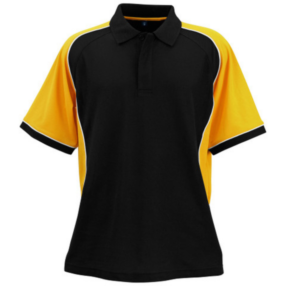 Black+White+Gold ARCADIA Men's TrueDry Tri-Colour Polo featuring moisture-wicking technology, a breathable cotton-back fabric for comfort, and a dynamic three-color contrast design for sports teams and club uniforms.