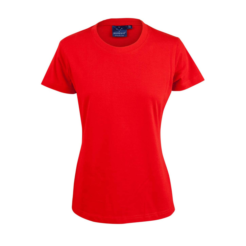 Bright red women's semi-fitted cotton tee with crew neck and short sleeves, smooth chest panel ideal for decoration
