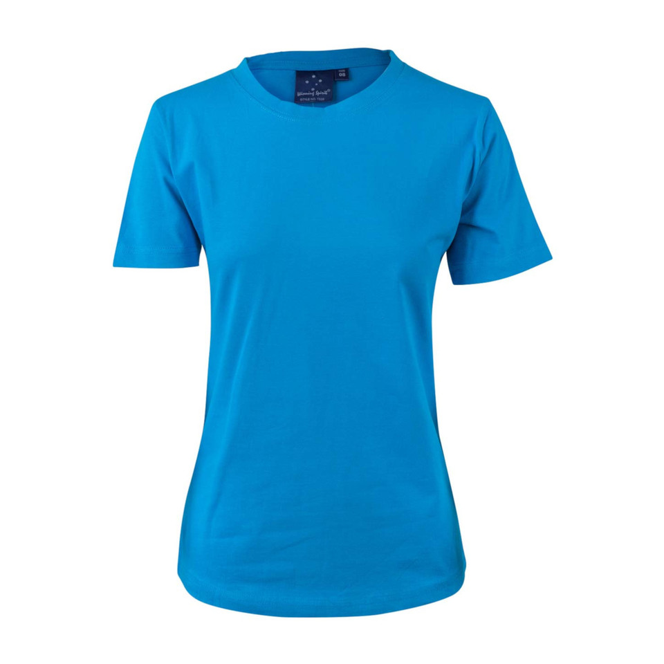 Sapphire blue women's crew neck t-shirt with short sleeves and semi-fitted silhouette showing smooth cotton fabric