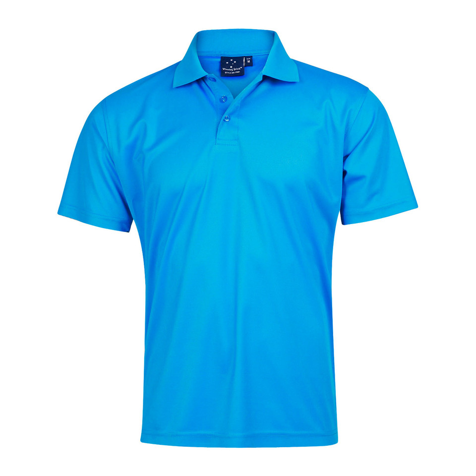 Cyan blue short sleeve polo shirt with collar and button placket, flat front ideal for decoration