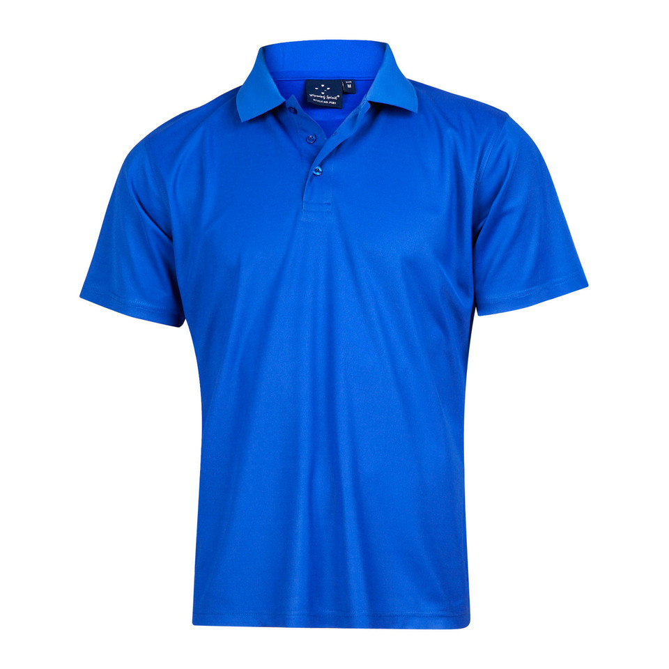 Royal blue short sleeve polo shirt with button placket and flat knit collar