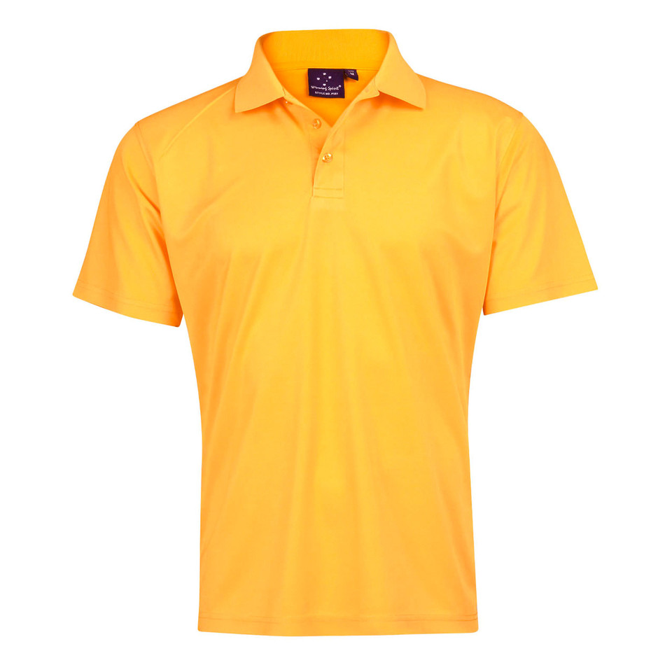 Golden yellow CoolDry polo with classic collar and button placket featuring smooth flat front panel