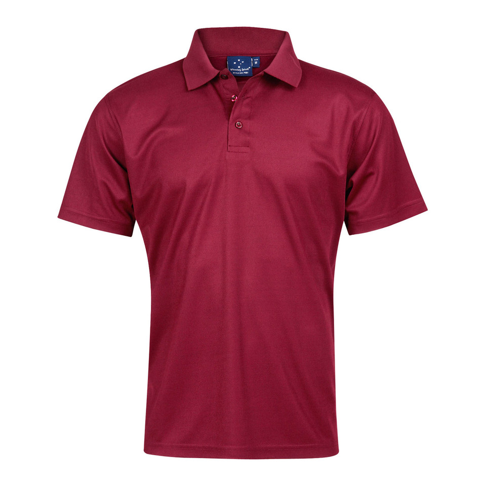 Maroon CoolDry polo shirt with collar and three-button placket on white background