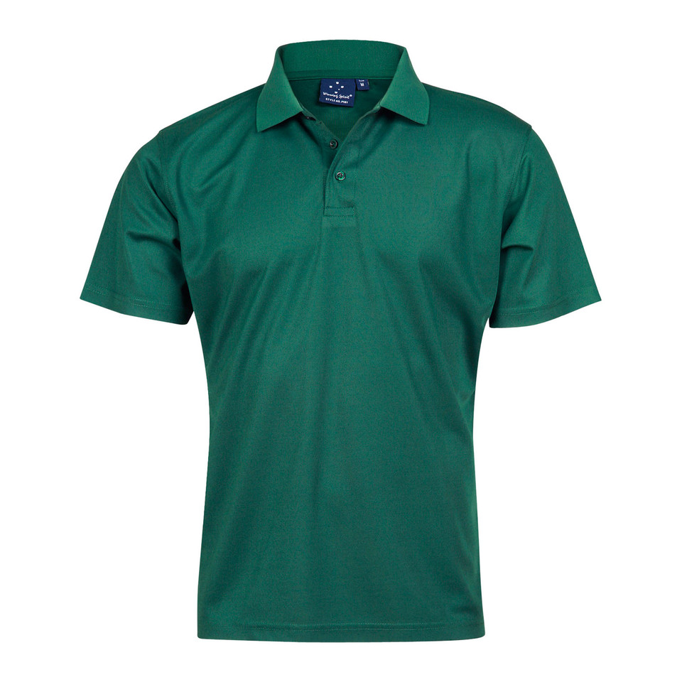 Forest green CoolDry polo shirt with collar and button placket, short sleeves, ideal flat chest panel for decoration
