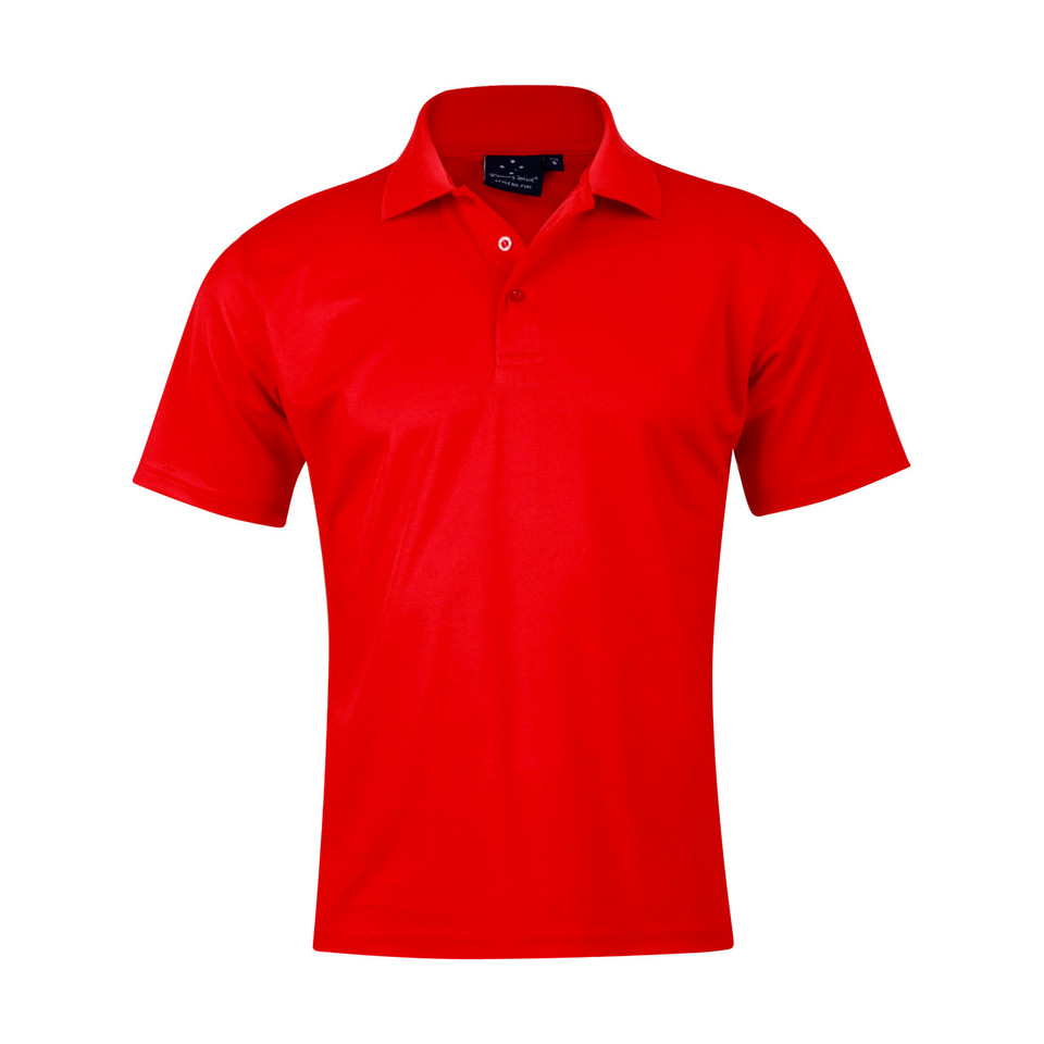 Men's red short sleeve polo shirt with two-button placket and flat smooth chest panel