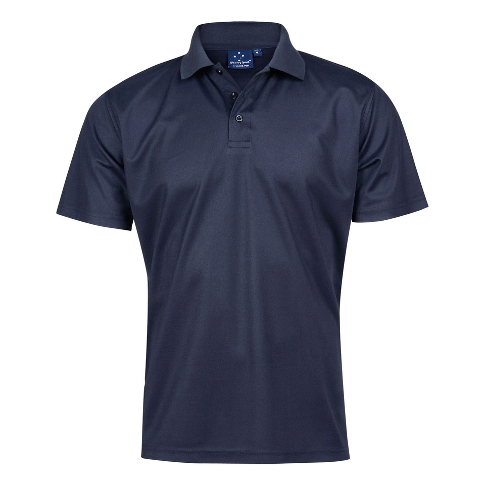 Navy CoolDry polo shirt with collar and three-button placket, short sleeves, smooth flat front panel