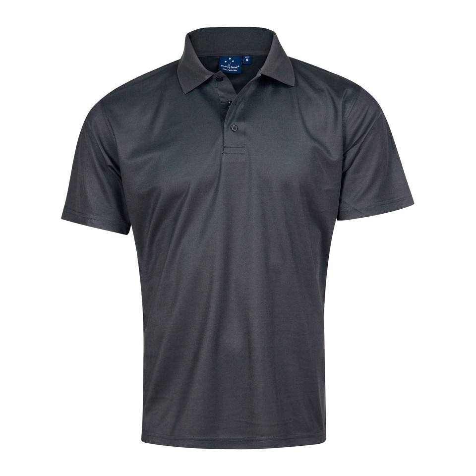 Charcoal grey short sleeve polo shirt with button placket and collar in solid CoolDry fabric