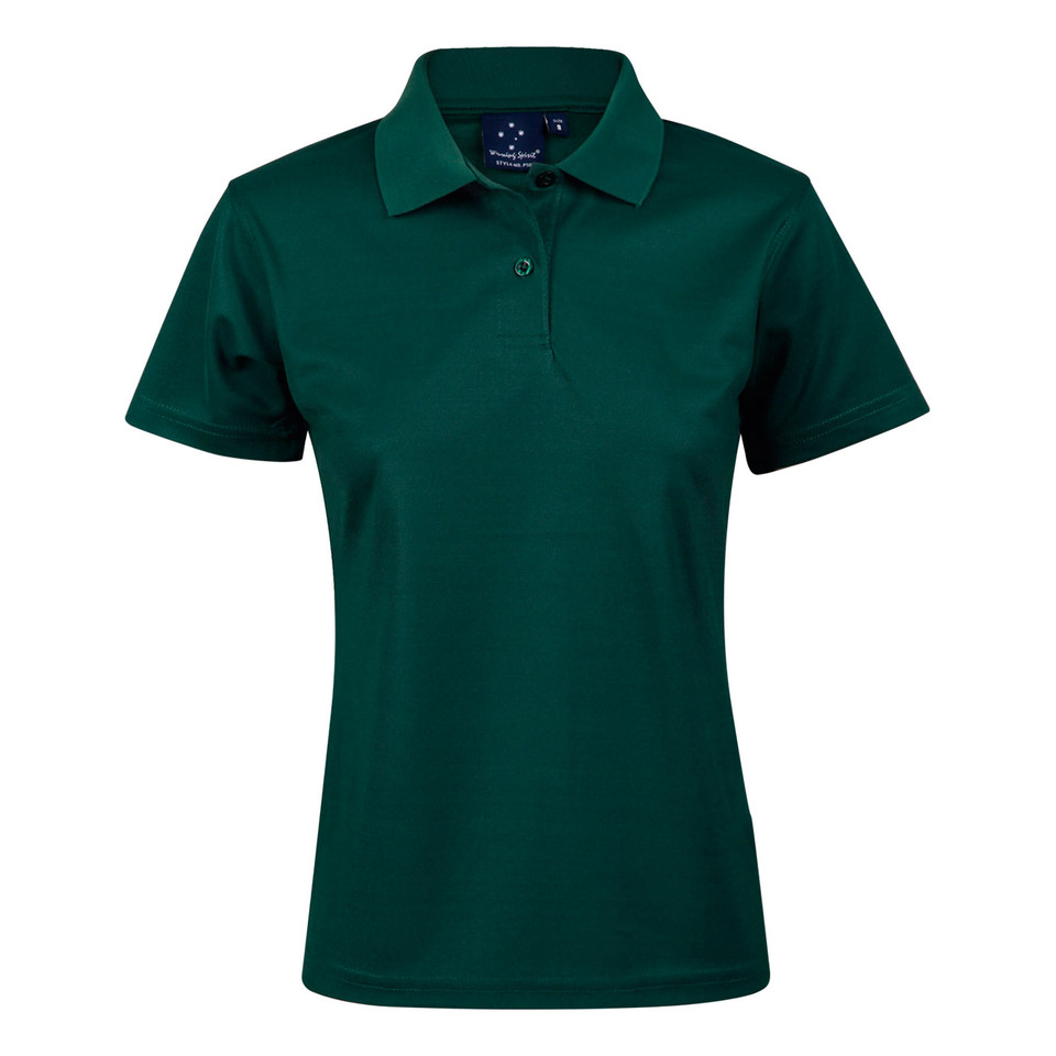 Bottle green women's polo shirt with collar and short sleeves, clean front panel for decoration