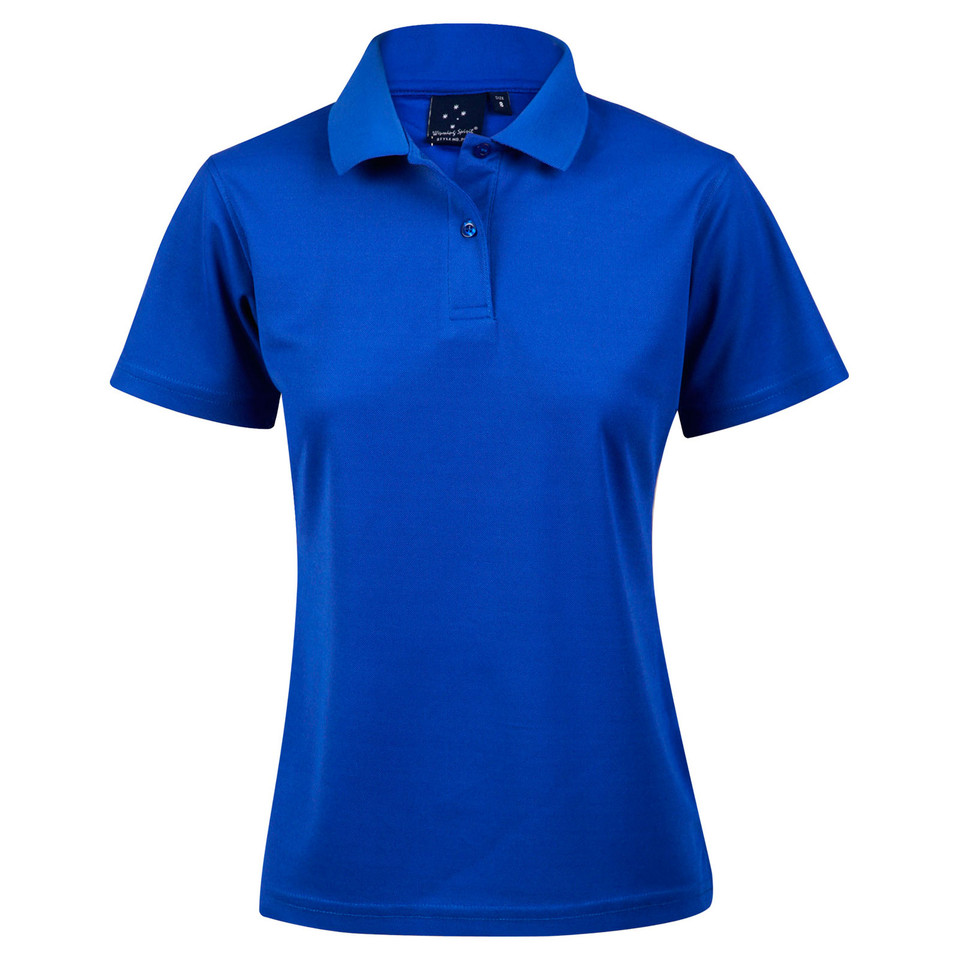 Royal blue ladies short sleeve polo shirt with collar and button placket