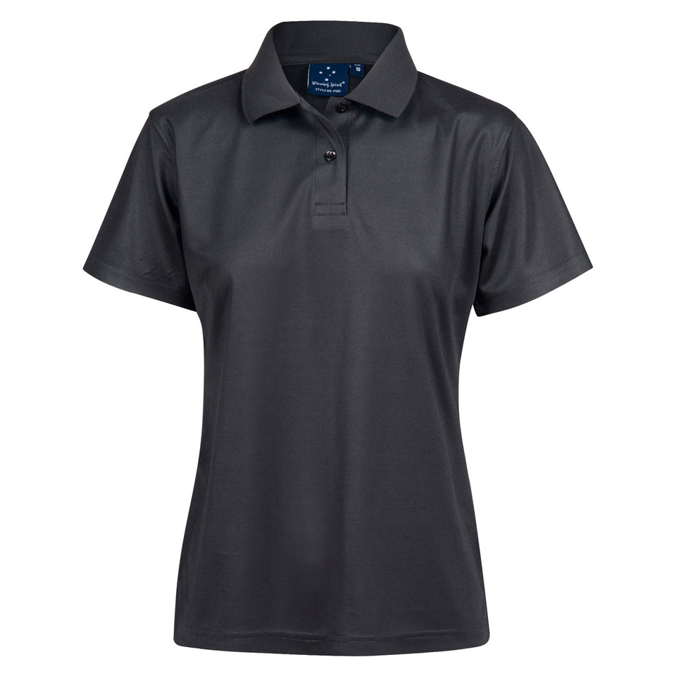 Women's charcoal grey short sleeve polo shirt with two-button placket and flat smooth fabric