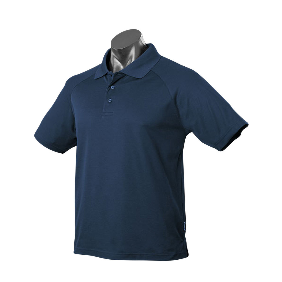 Navy blue polo shirt with collar and short sleeves featuring button placket and pique knit texture