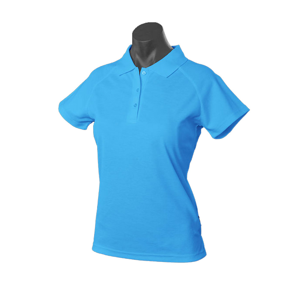 Sky blue ladies polo shirt with collar and button placket in breathable poly cotton pique knit