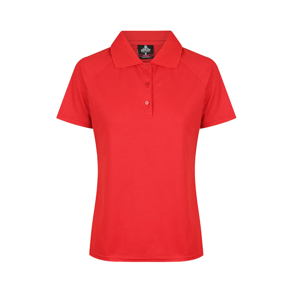 Bright red ladies polo shirt with collar and two-button placket in moisture-wicking pique knit fabric