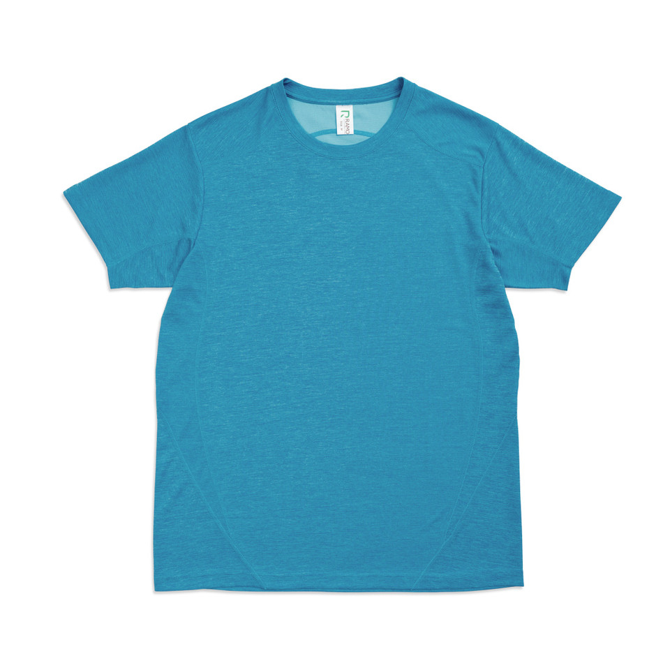 Teal marl crew neck poly tee flat lay with short sleeves and visible neck label