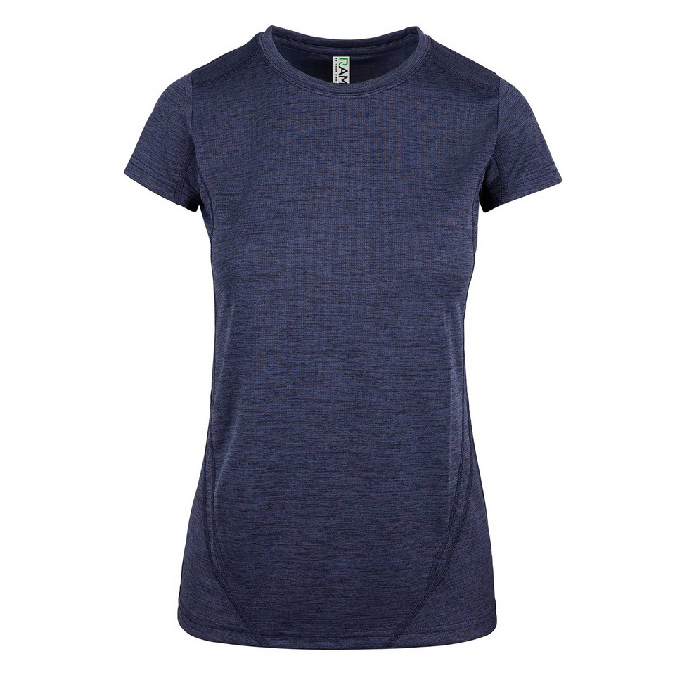 Navy marle women's short sleeve t-shirt with curved hem and contrast stitching detail