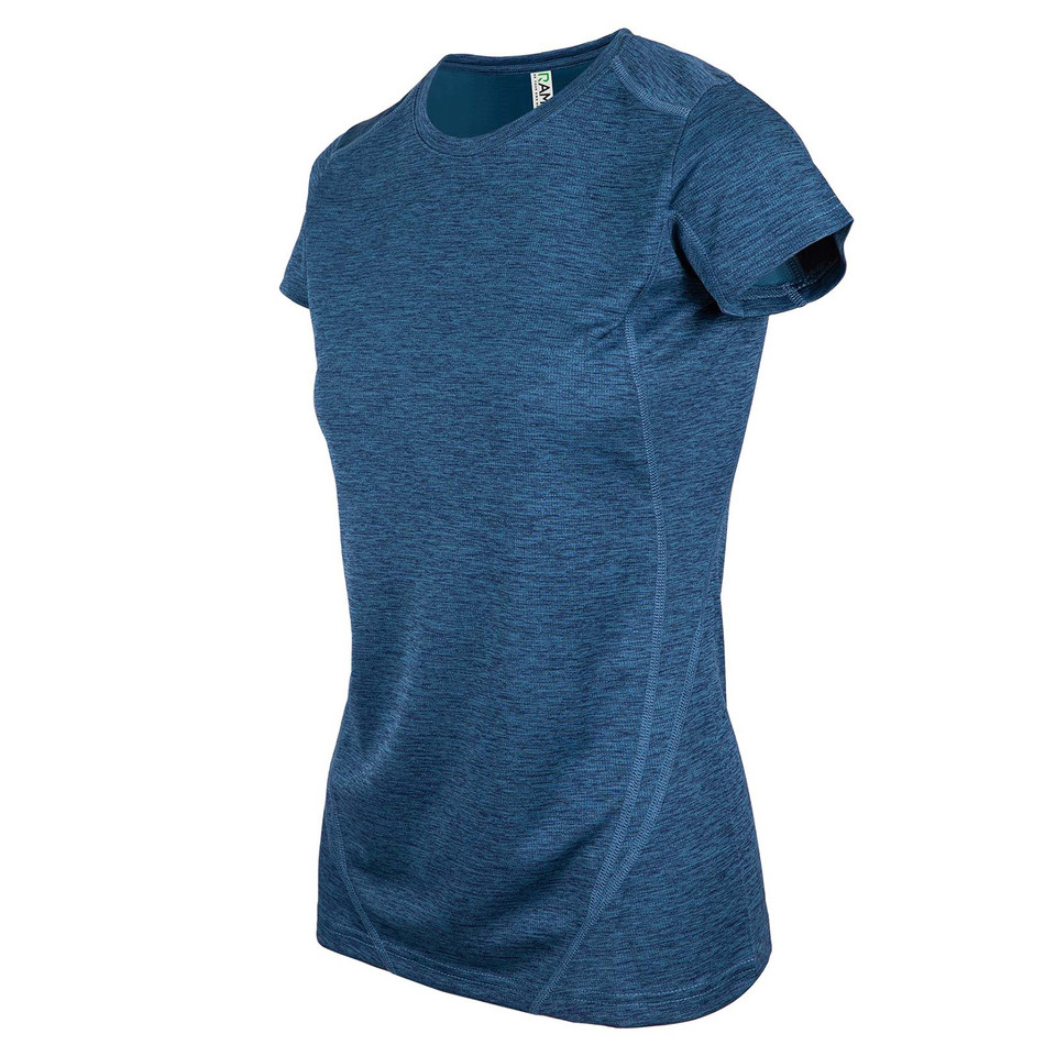 Women's heather navy blue marl short sleeve tee with crew neck and contrast stitching detail