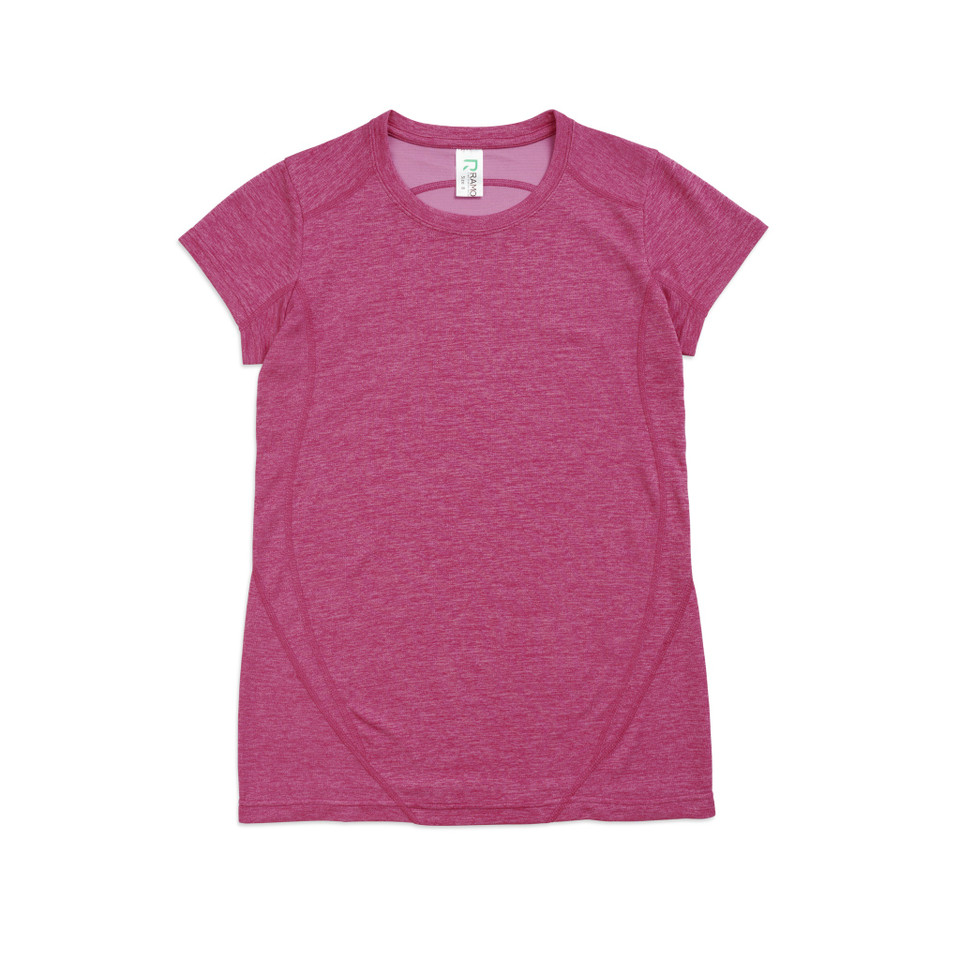 Magenta heathered athletic tee with raglan sleeves and visible stitching detail on crew neck